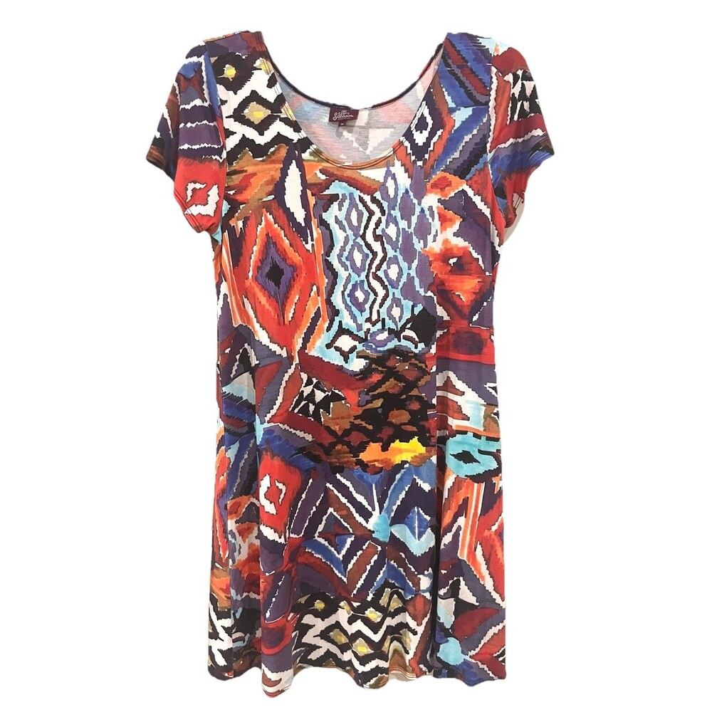 Salaam Lucy Cap Sleeve Dress Sz M Colorful Geometric Print Rayon Spandex Knit